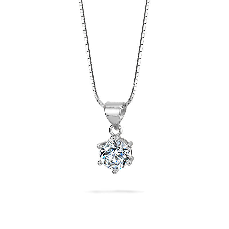 Six Prongs Round Zircon Pendant Silver Necklace for Women