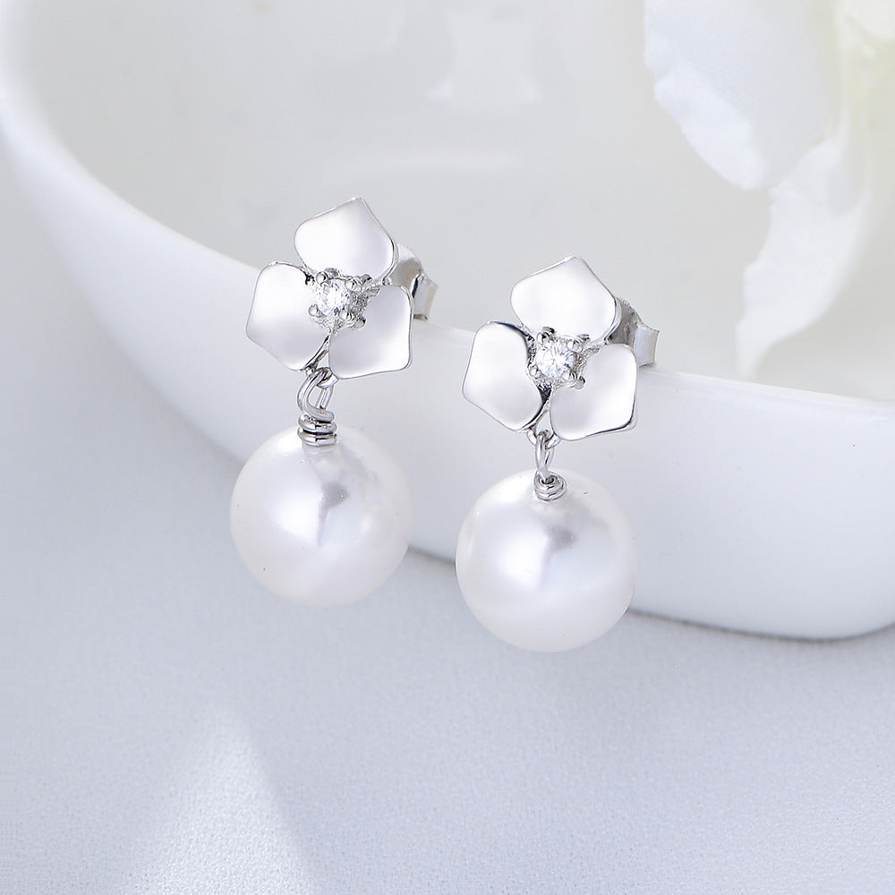 Ball Pearl with Flower Silver Drop Earrings for Women