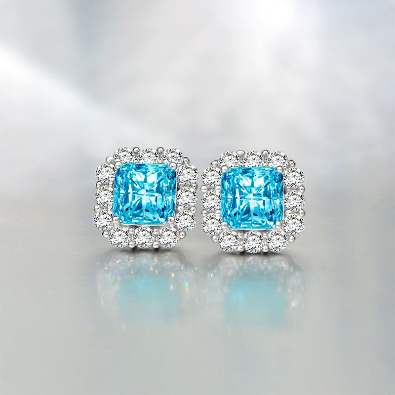 Halo Princess Cut Blue Zircon Studs