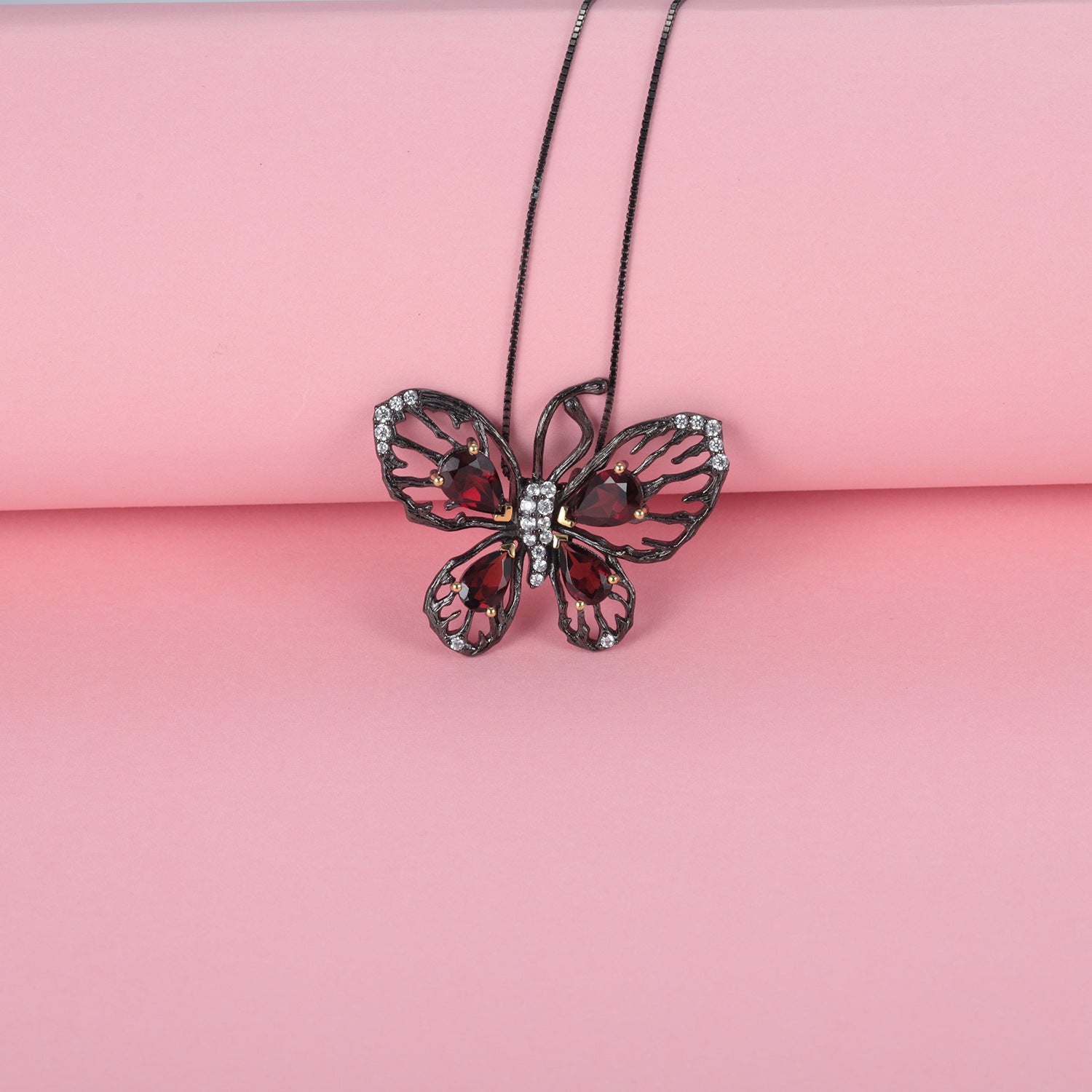 Hollow Butterfly Natural Gemstones Silver Necklace