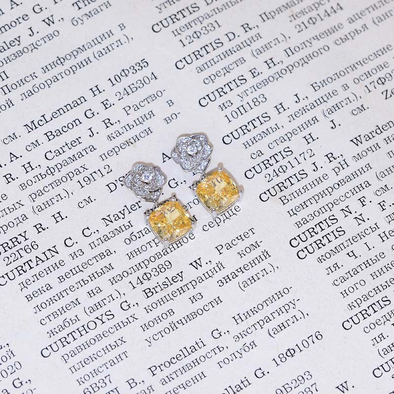 Square Yellow Zircon Camellia Drop Earrings