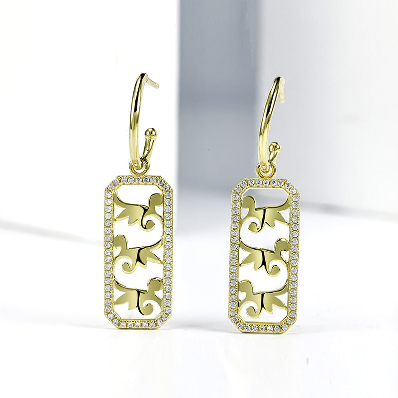 Honeysuckle Pattern with Zircon Hollow Rectangle Silver Drop Earrings for Women