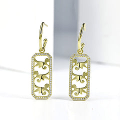 Honeysuckle Pattern with Zircon Hollow Rectangle Silver Drop Earrings for Women