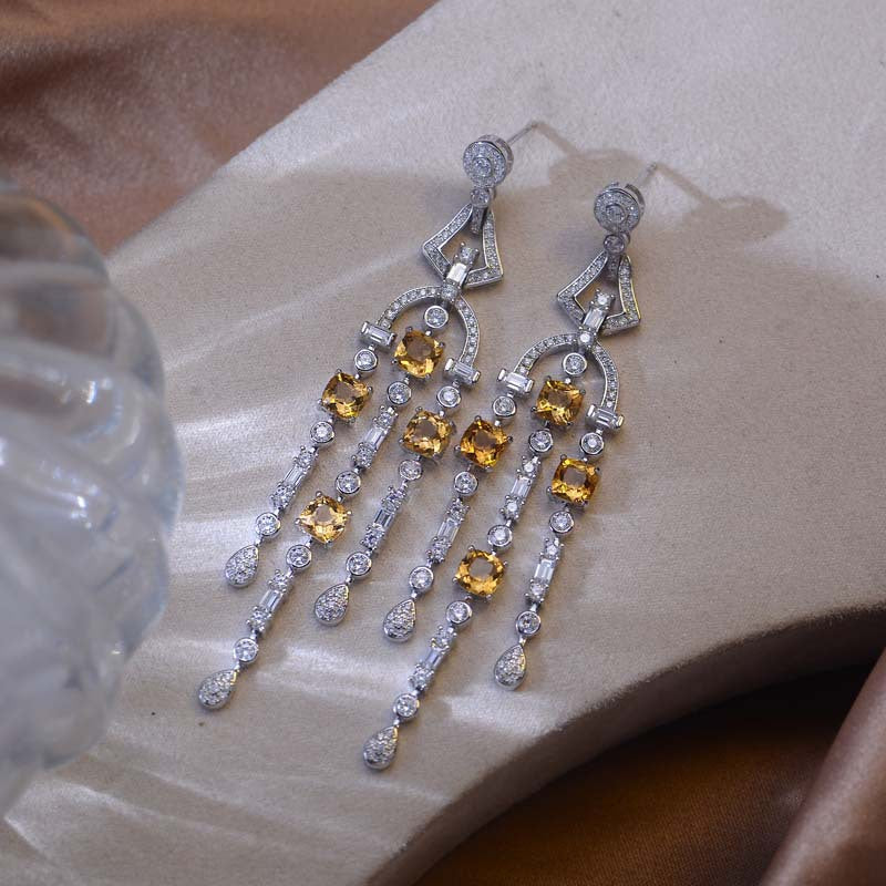 Natural Yellow Crystal Tassels Drop Earrings