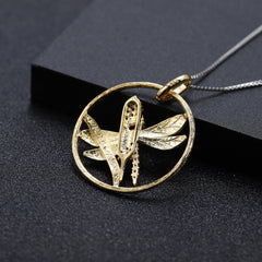 Animal Element Design Inlaid Natural Colourful Gemstone Dragonfly Circle Pendant Silver Necklace for Women