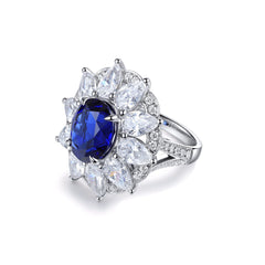 Luxury Flower Halo Lab Created Sapphires Oval Ring