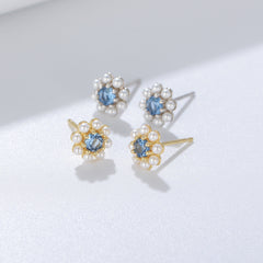 Blue Zircon with Pearl Flower Silver Studs Earrings for Women