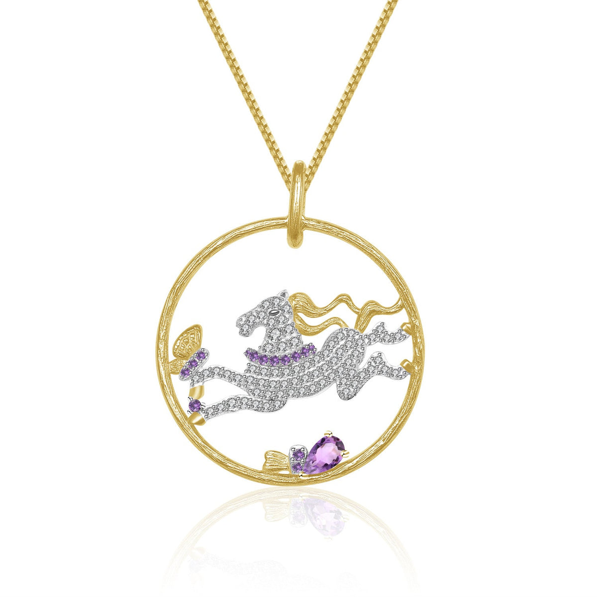 Animal Element Design Inlaid Natural Amethyst Horse Circle Pendant Silver Necklace for Women