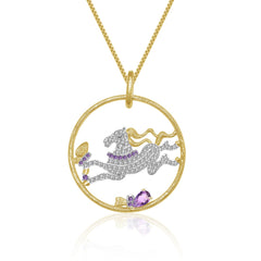 Animal Element Design Inlaid Natural Amethyst Horse Circle Pendant Silver Necklace for Women