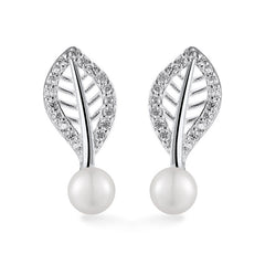 Hollow Zircon Leaf with Freshwater Pearl Silver Stud Earrings for Women