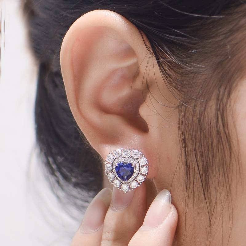 Halo Heart Shape Lab Created Sapphires Studs