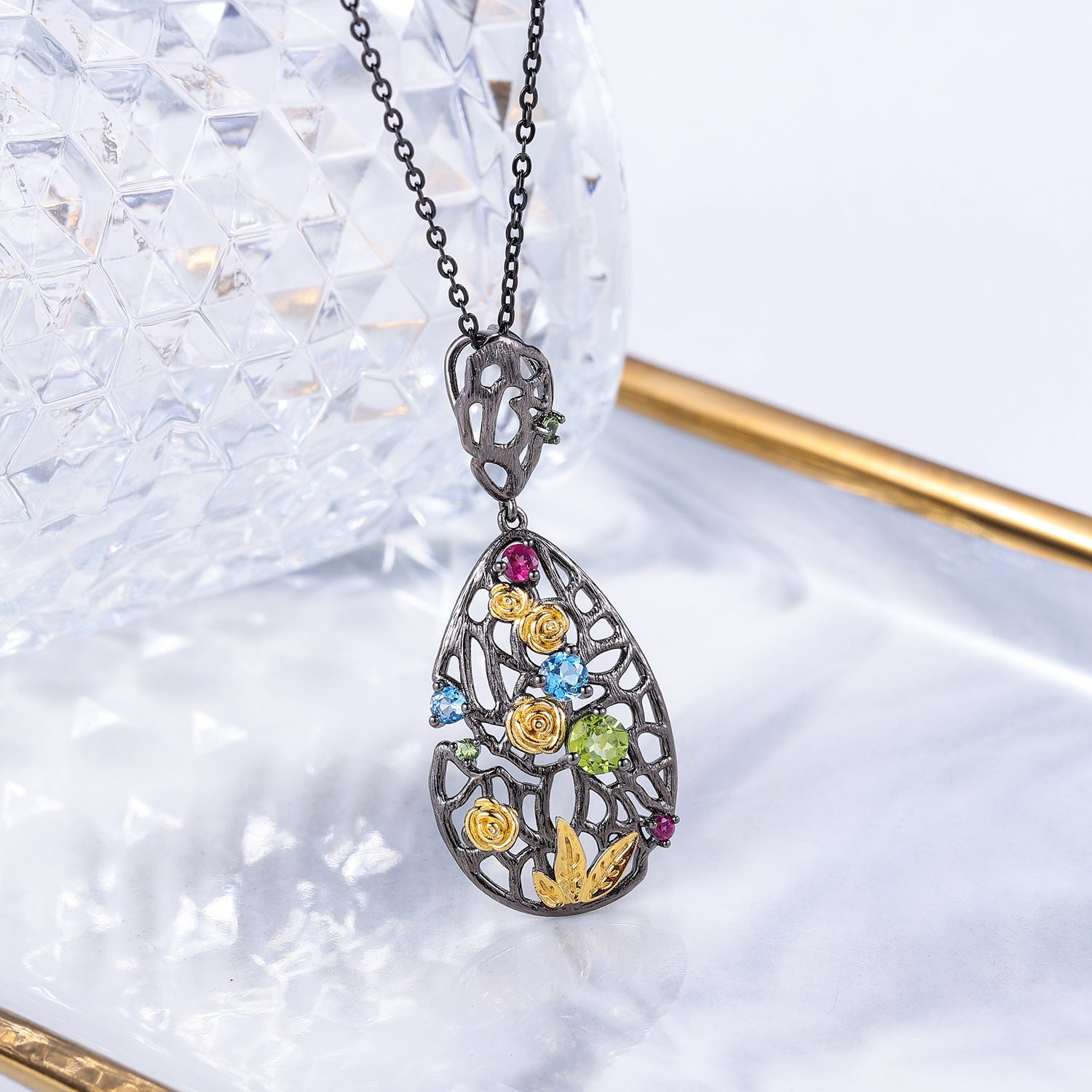 Retro Premium Jewelry Inlaid Colourful Gemstones Rose Garden Pendant Sterling Silver Necklace for Women