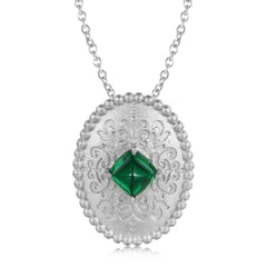 Sandblasting Retro Pattern Oval Pendant Square Green Zircon Silver Necklace