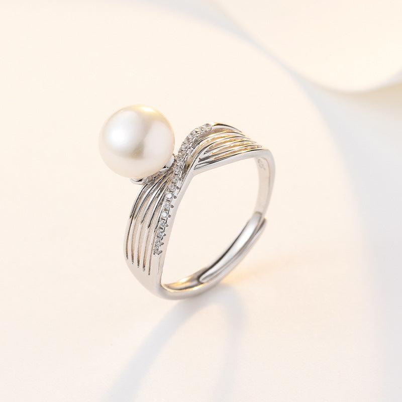 Natural Freshwater Pearl Interweave Silver Ring for Women