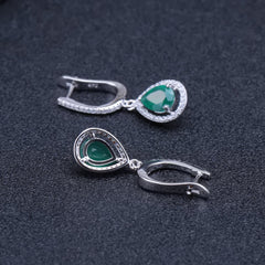 Natural Green Agate Fashion Soleste Halo Pear Shape Sterling Silver Drop Earrings for Women