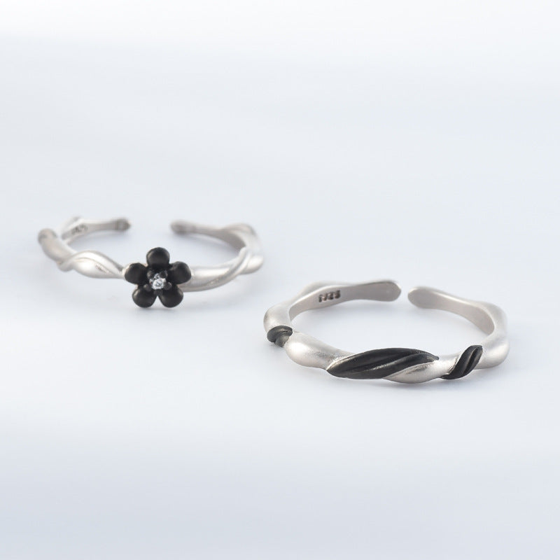 Black Plum Blossom and Leaf Design Sandblasted Wave Shape Silver Couple Ring for Women