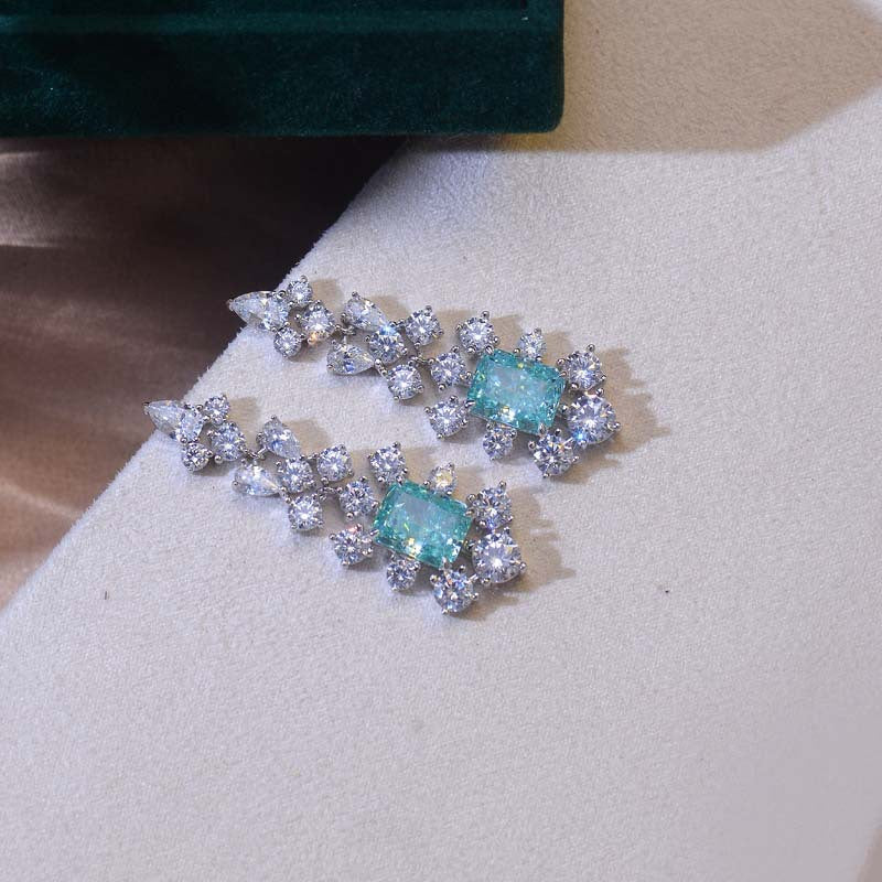Rectangular Green Zircon Flower Tassel Drop Earrings