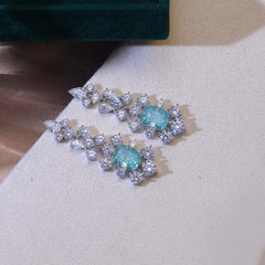 Rectangular Green Zircon Flower Tassel Drop Earrings