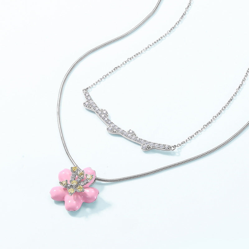 Pink Enamel Cherry Blossom Double Layers Silver Necklace