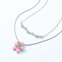 Pink Enamel Cherry Blossom Double Layers Silver Necklace