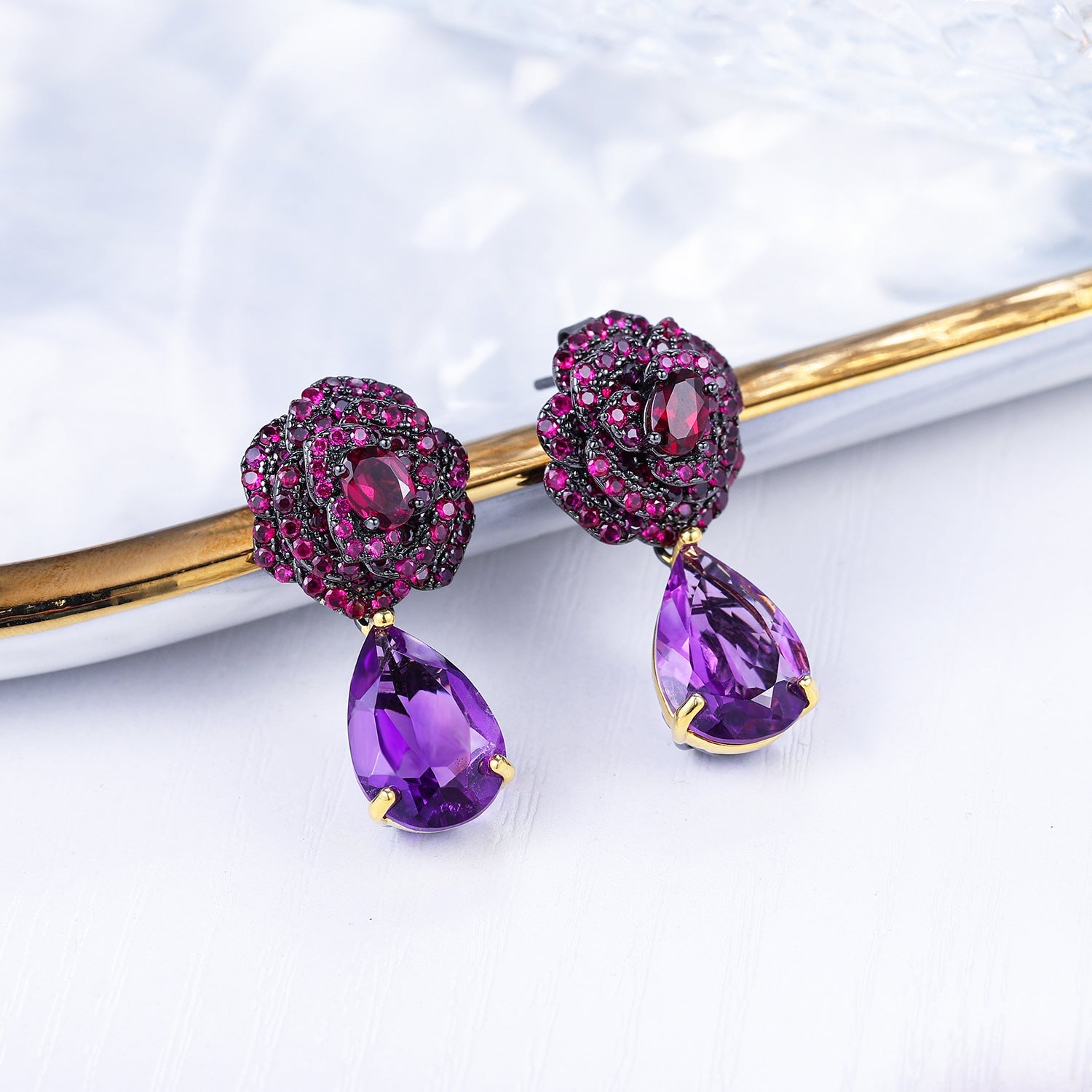 Natural Amethyst Rose Tears Silver Drop Earrings for Women