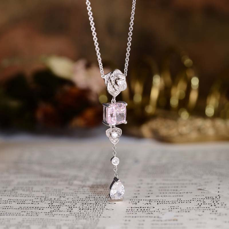 Square Pink Zircon Camellia Tassel Necklace