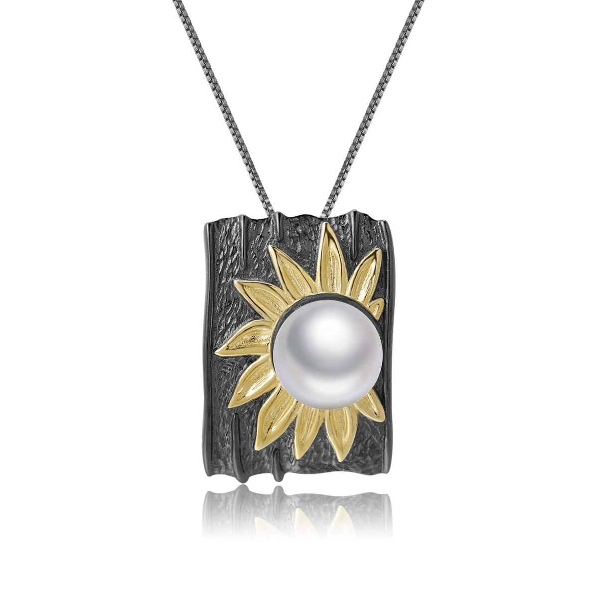 Natural Freshwater Pearl Sunflower Rectangle Pendant Silver Necklace for Women