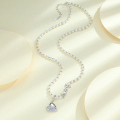 Zircon Heart-shape with Loveing Letter Beading Pearl Silver Necklace for Women