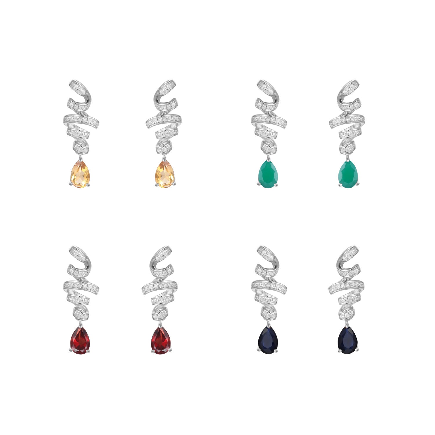 Silk Ribbon Pear Shape Natural Gemstone Silver Drop Earrings