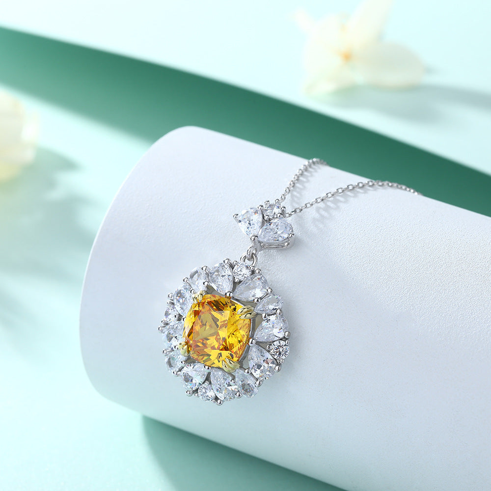 Yellow Crystal with Zircon Pendant Silver Necklace for Women