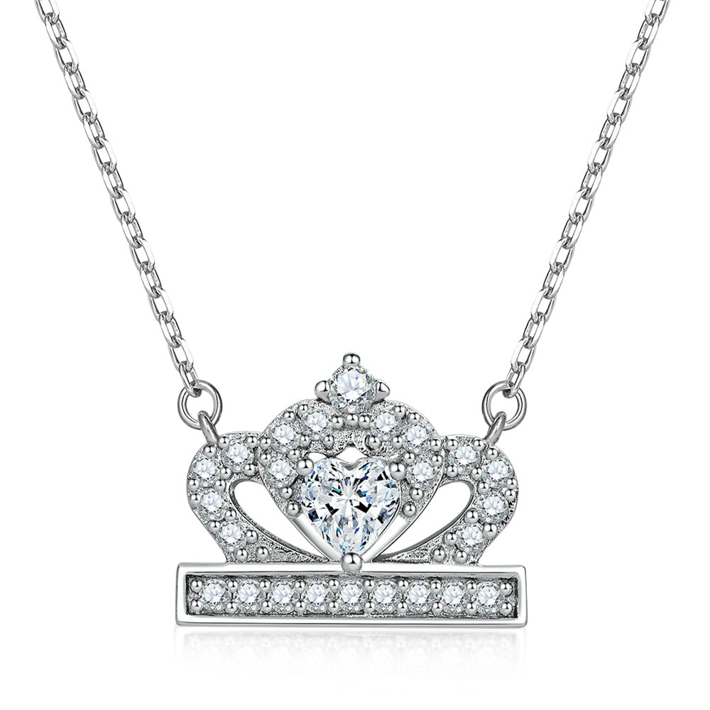 Princess Crown with Heart Zircon Silver Pendant Necklace for Women
