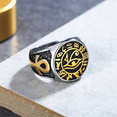 Egyptian Anubis's Eye with Ankh Cross Titanium Steel Ring for Men