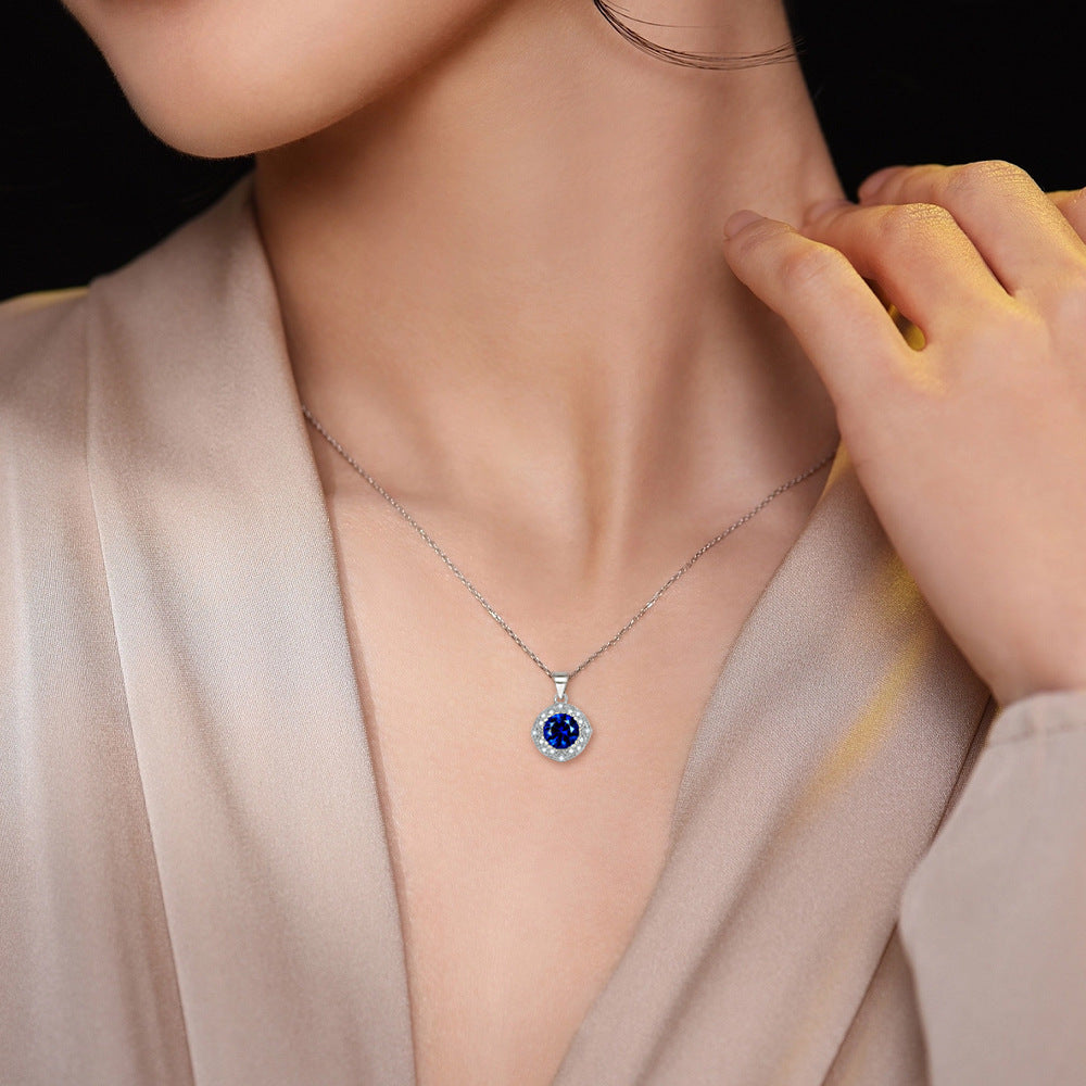 Blue Zircon Soleste Halo Pendant Silver Necklace for Women