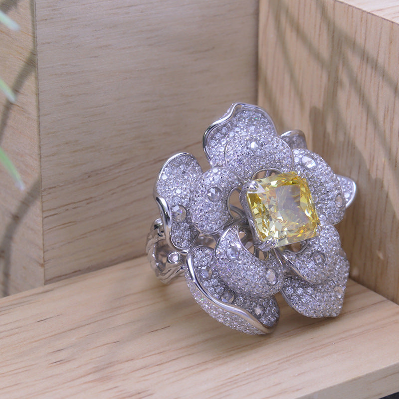 Square Yellow Zircon Luxury Flower Ring