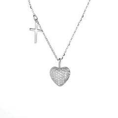 (Two Colours) White Zircon Heart with Crucifix Pendants Two-ply Collarbone Necklace for Women