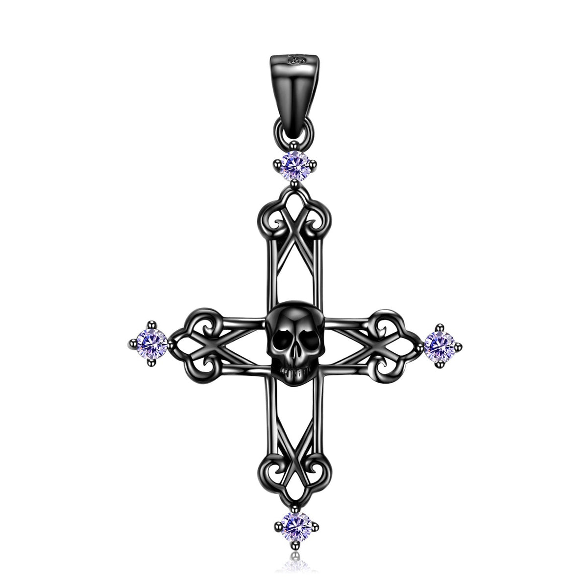 Black Skull Hollow Cross Pendant Purple Zircon Silver Necklace