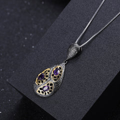 Italian Craft Design Vintage Luxury Sense Inlaid Natural Colourful Gemstone Pear Drop Pendant Silver Necklace for Women