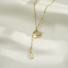 (Two Colours) White Zircon Double Hearts with Tassles Pendants Collarbone Necklace for Women