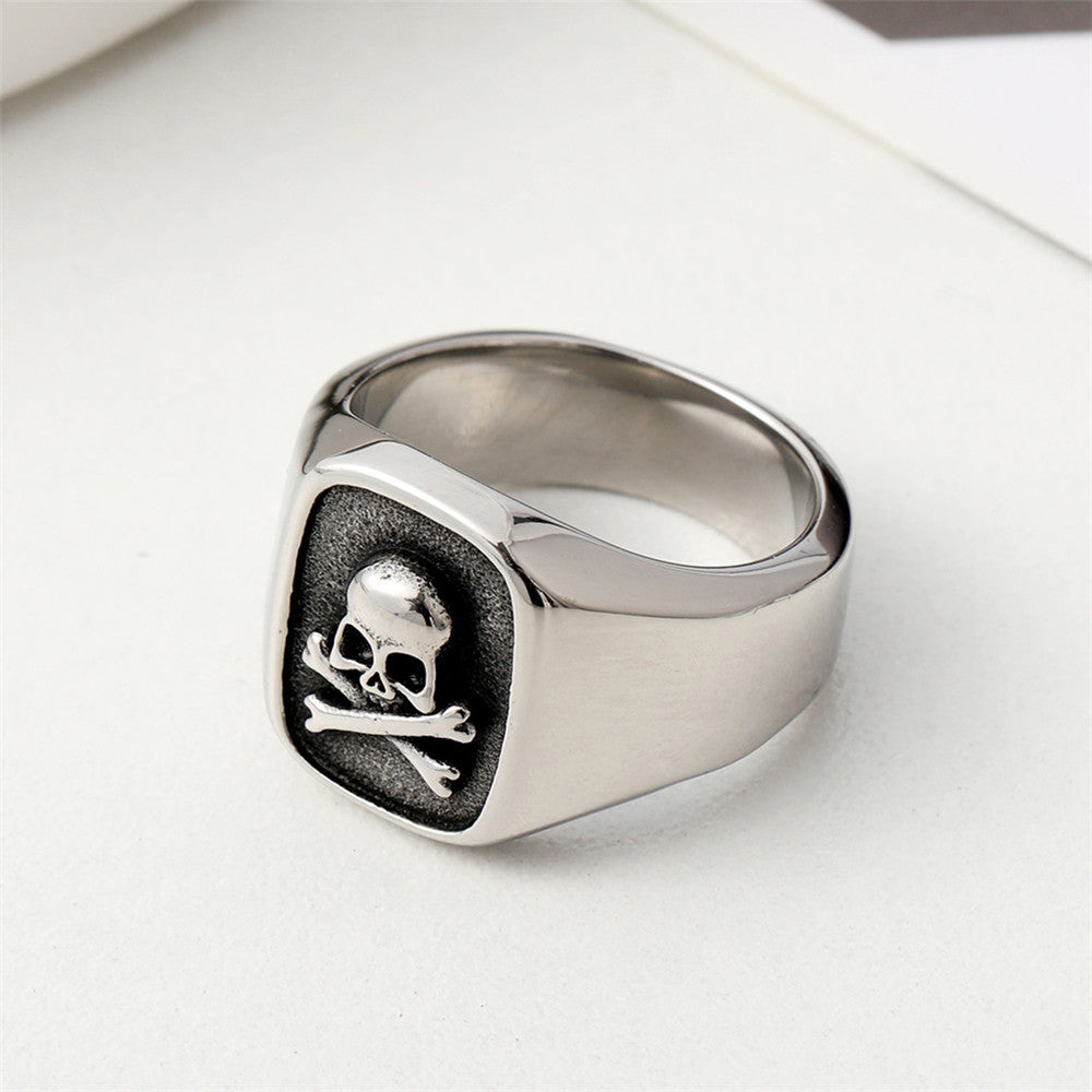 Halloween Skull Cross Rectangle Titanium Steel Ring for Men