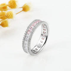 Princess Cut White and Pink Zircon Eternity Silver Ring