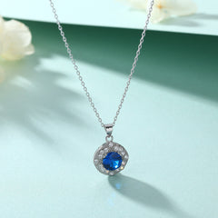 Blue Zircon Soleste Halo Pendant Silver Necklace for Women