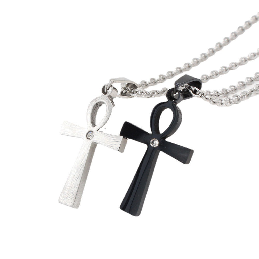 Brushed Ankh Cross Zircon Titanium Steel Pendant for Men