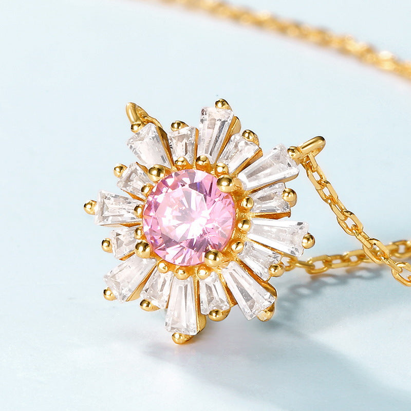 Zircon Pink Sun Flower Pendant Sterling Silver Necklace