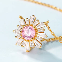 Zircon Pink Sun Flower Pendant Sterling Silver Necklace