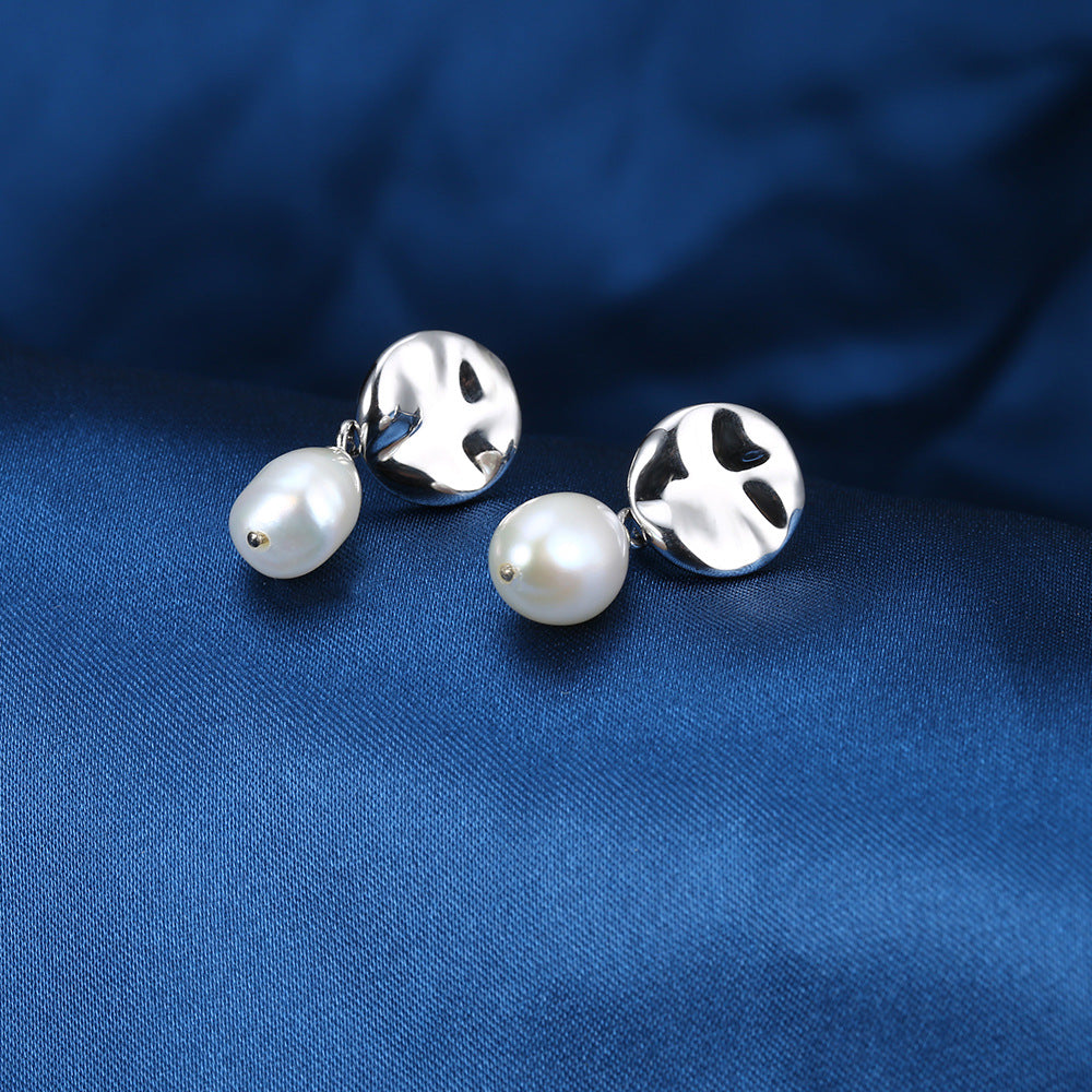 Irregular Shape with Pearl Silver Drop Earrings for Women