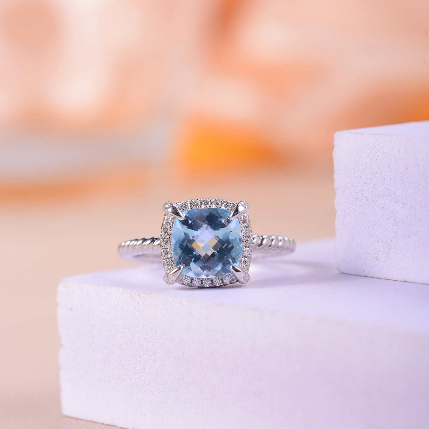 Soleste Halo Square Natural Blue Topaz Silver Ring