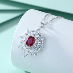 Oval Red Zircon Octagonal Flower Pendant Silver Necklace for Women