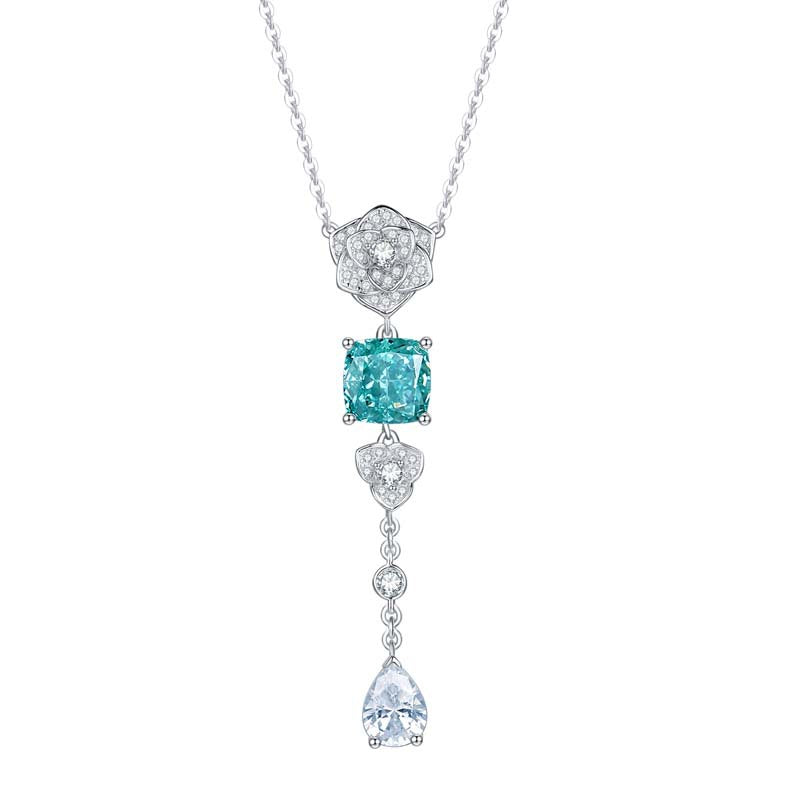 Square Lake Blue Zircon Camellia Tassel Necklace