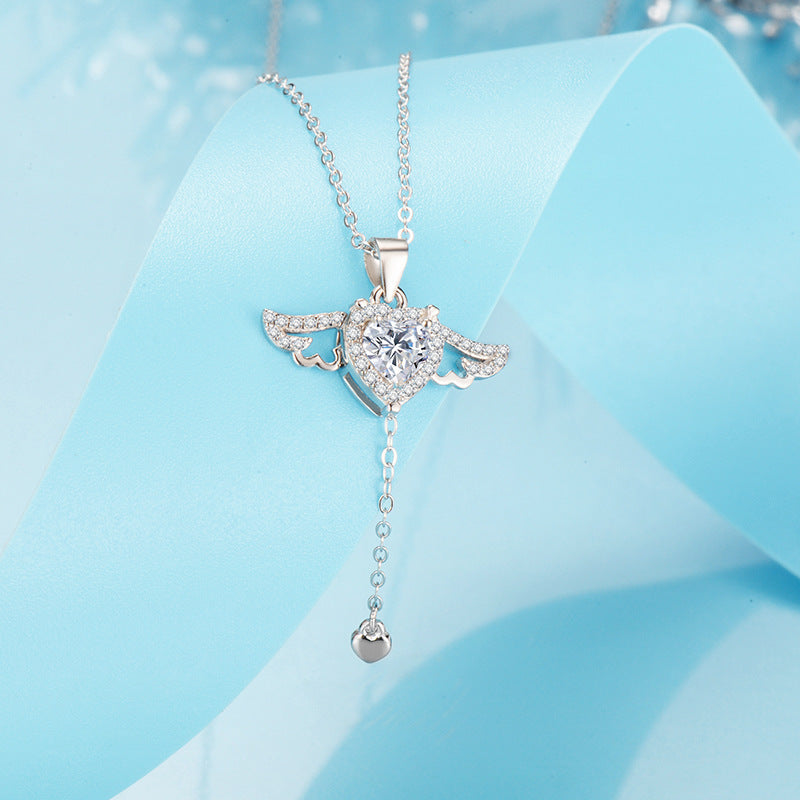 (Two Colours) Zircon Heart with Wings Pendants 925 Silver Collarbone Necklace for Women