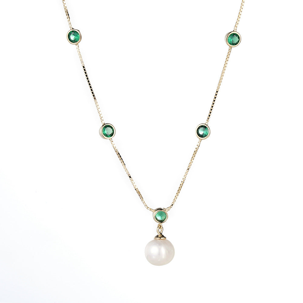 (Two Colours) Emerald Colour Zircon with Pearl Pendants 925 Silver Collarbone Necklace for Women